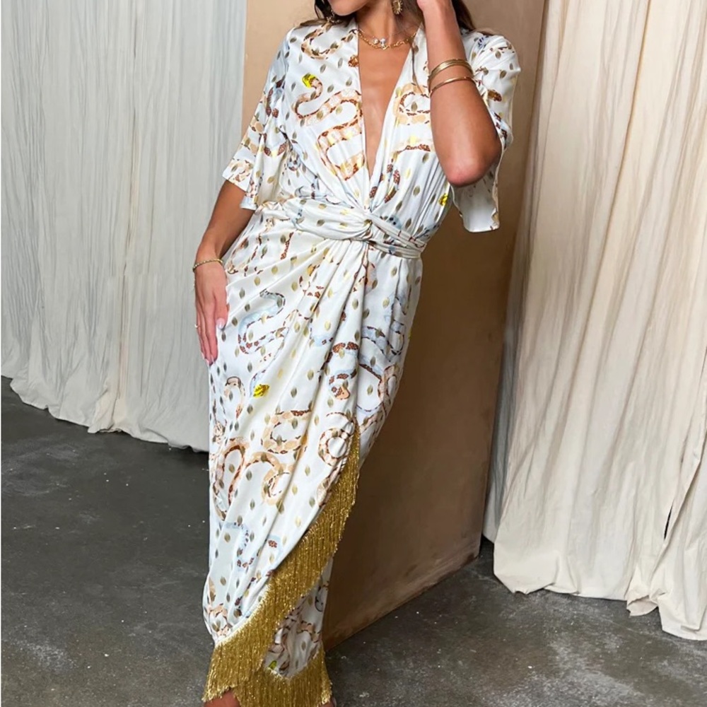 Ivory Snake Ceryes Dress with Gold fringe